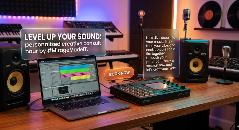 Music production setup with laptop, speakers, and microphones on a desk.